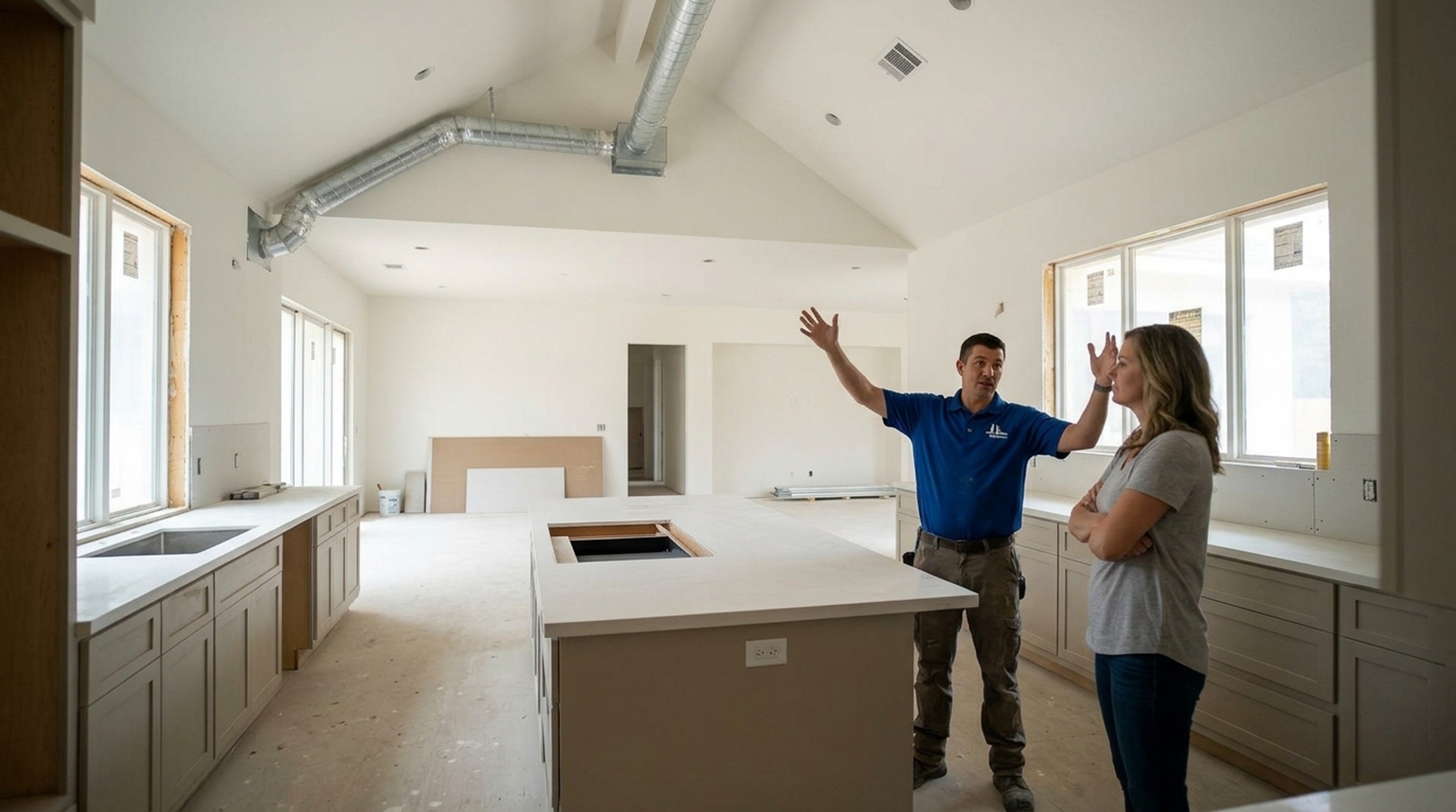 HL Remodeling staff member discussing kitchen ventilation needs in a Houston open-concept remodel with island